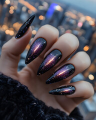 Close-up of galaxy-inspired manicure with dark polish and sparkling design.