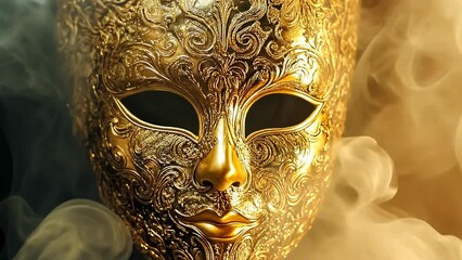 A mysterious golden mask detailed with intricate designs emerges from a mist of smoke, conveying secrecy and allure. This scene evokes themes of masquerade and mystique in an undefined ambient
