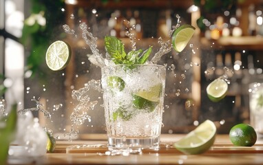 Flying mojito glasses with mint leaves, lime wedges, and sparkling water splashes, fresh and dynamic, set in an open-air bar background