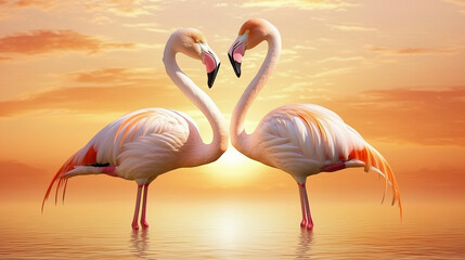 Fototapeta premium Flamingo pair at sunset creating heart reflection.