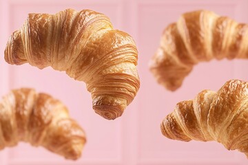 French pastry croissants in air on pink background