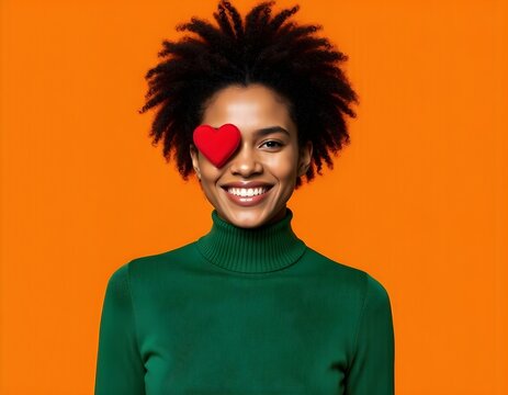 Happy positive young adult woman with Afro hairstyle wearing green casual style sweater covering her eye with social media heart Like icon. Indoor studio shot isolated on orange background.