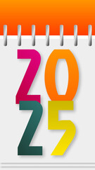 2025 calendar cover, with colorful numbers, orange top.