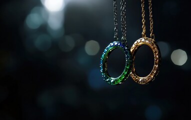 Flying gemstone rings in vibrant colors like emerald and sapphire, suspended mid-air, set against a dramatic black background with spotlight effects