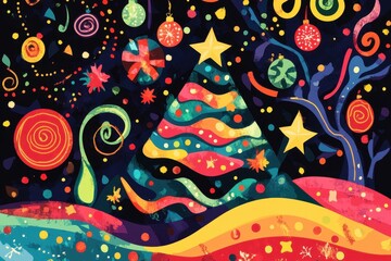 A colorful, festive illustration featuring a Christmas tree, ornaments, and swirling patterns.