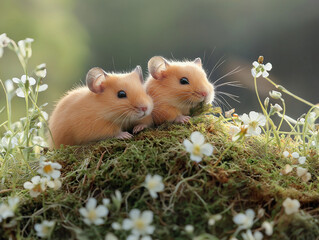 Fototapeta premium A small hamster sits contently on the soft grass, while another hamster happily munches on food beside it, creating a cute and peaceful outdoor scene.