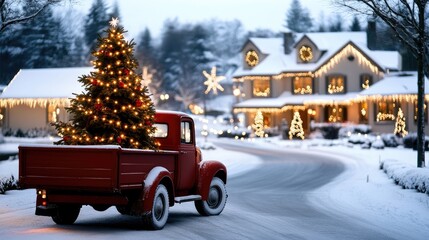 A vintage red truck is parked in a snowy town square, illuminated by festive lights from a large Christmas tree