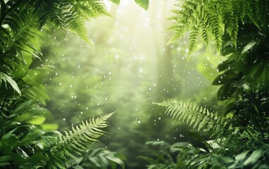 Flying green ferns with dewdrops scattering mid-air, vibrant and fresh, against a misty rainforest background