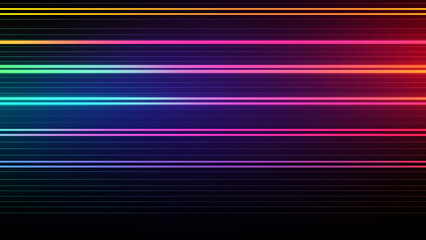 Vibrant, futuristic design featuring colorful glowing neon light horizontal lines against a dark background. Ideal for banners, posters, and modern digital art.