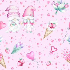 Couple of gnomes with bouquet of flowers, ice cream, flying hearts in waffle cone, candy, strawberry and tulips seamless pattern. Hand draw watercolor illustration on pink for Valentines Day design.