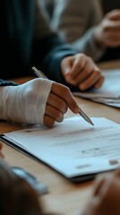 Close-up of an injured person with a bandage on their arm, sitting at a table and taking notes while their doctor is holding a pen in hand, pointing to a document on the desk.