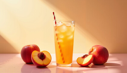 Refreshing peach lemonade with ice in a glass next to fresh peaches on a pastel background
