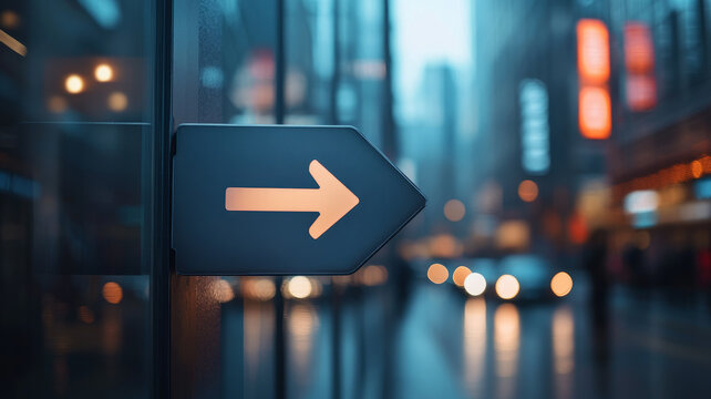 Arrow sign in a city street at night