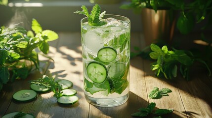 Fototapeta premium Refreshing Cucumber Mint Iced Drink on Wooden Table
