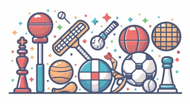 Set of editable vector sports icons, including football, cricket, golf, tennis, swimming, and chess, with simple and modern line designs