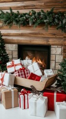 A beautifully decorated living room features a glowing fireplace with lit candles, a Christmas tree adorned with lights, and carefully wrapped gifts in a wooden sled.
