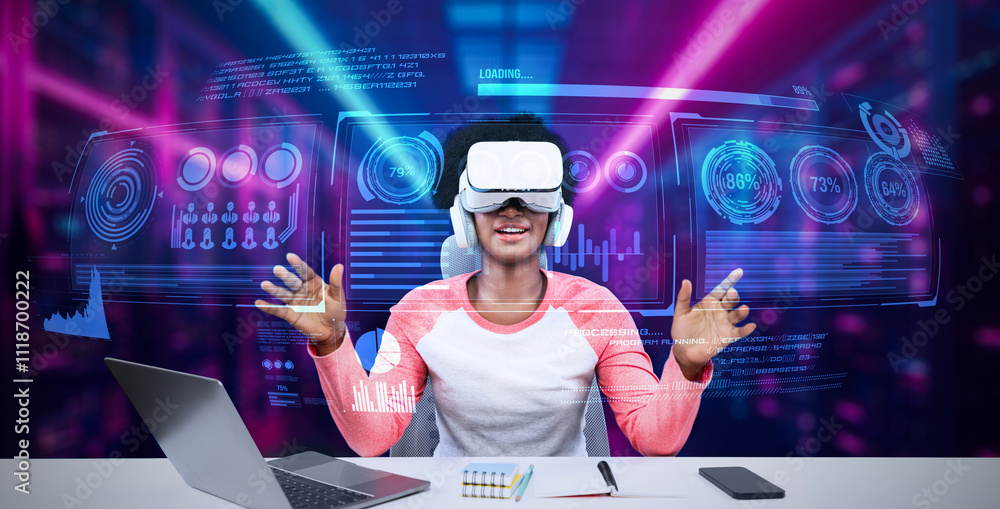 Poster girl using laptop and augmented glasses connecting metaverse while doing homework at table with book