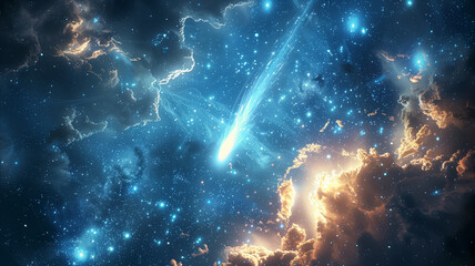 A vibrant night sky featuring a luminous comet, sparkling stars, and scenic mountain silhouettes with sunrise hues.