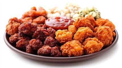 A plate of assorted fried chicken pieces with dipping sauce and toppings.