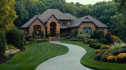 Elegant Brick Mansion Surrounded by Lush Greenery and Manicured Gardens