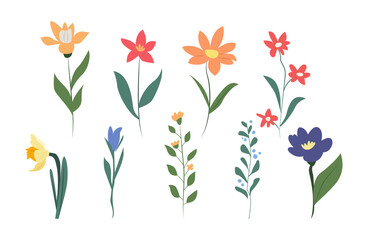 Collection of floral and botanical elements. Spring flowers print. Happy Easter. Vector hand drawn illustration.
