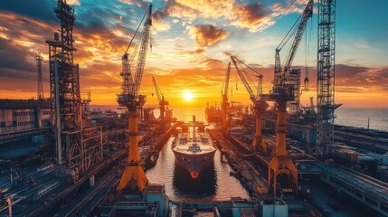 Sunrise over a large ship in a dry dock, surrounded by industrial cranes.