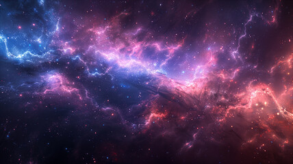 Fototapeta premium Vivid cosmic nebula filled with glowing pink and blue hues, interstellar dust, and countless stars in the vast expanse of deep space.