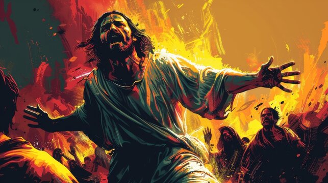 Vector art of Jesus casting out demons from the possessed