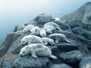 Fototapeta premium Seals rest on the edge of rugged stones, gazing out over the deep blue ocean, creating a peaceful scene of wildlife against a stunning natural backdrop.