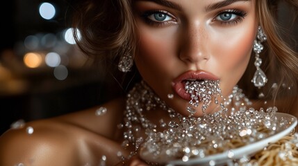 portrait of a woman eating diamond jewelry
