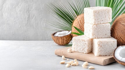 Coconut milk rice cakes arranged elegantly on a wooden board with fresh coconuts and rustic kitchen decor creating a warm ambiance