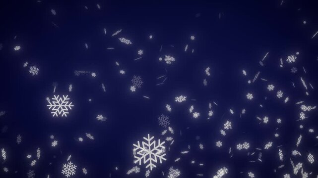 White snowflakes falling on navy blue background 4k