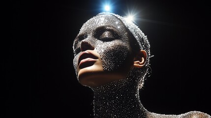 A model wearing makeup made from diamonds, posing on stage