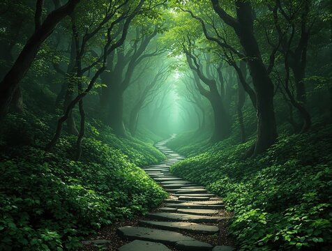 A mysterious pathway disappearing into the dense undergrowth, undergrowth, foliage - Powered by Adobe