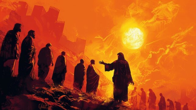 Vector art of Jesus healing the ten lepers, with one returning to give thanks