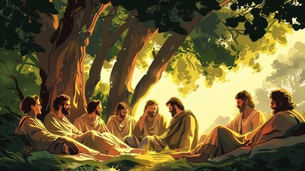 Fototapeta premium Vector art of Jesus healing the ten lepers, with one returning to give thanks