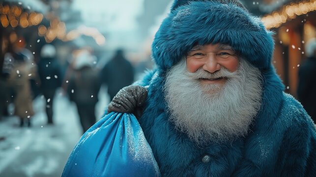 Joyful Santa spreading cheer in a winter wonderland market