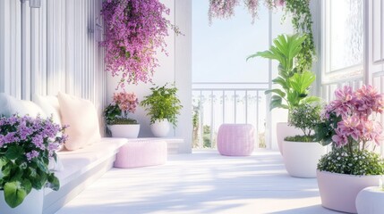 Serene balcony garden with pink flowers, plants, and seating.