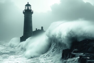 Fototapeta premium Lighthouse building with overlooking the sea and big waves in storm