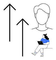 Abstract person outline with two upward arrows and woman using laptop. Ideal for career growth, personal development, business success, productivity, education, remote work, innovation. Line metaphor