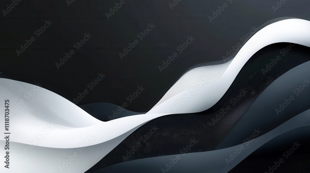 Poster abstract waves of white and gray flow against a dark background, creating a serene visual.