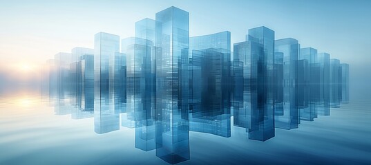 Fototapeta premium Modern small office design setting showing abstract office buildings neutral colors blending into soft sky gradient
