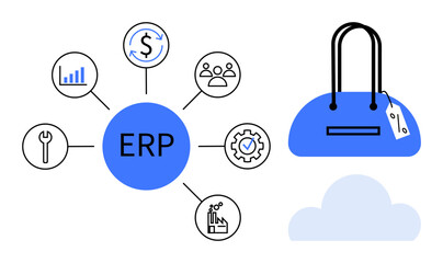ERP, analytics, marketing, finance, manufacturing, settings, and human resources icons connected in diagram, shopping bag and cloud. Ideal for business technology ecommerce finance industry