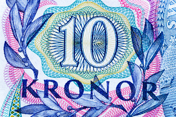 Vintage elements of old paper banknotes.Bonistics.10 Swedish Kroner (SEK)1968,from Sveriges Riksbank.Fragment banknote for design purpose.