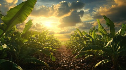 Obraz premium Sun setting over lush banana plantation.