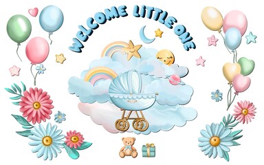 Fototapeta premium A set of cute baby shower illustrations featuring pastel tones, baby clothes, toys, balloons, banners, and decorations. Perfect for celebrating newborn arrivals, creating invitations or party decor.