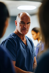 Fototapeta premium Authentic portrait of a healthcare professional wearing scrubs and communicating with a patient in a modern hospital setting. The doctor shows a serious yet caring expression, with a medical team work