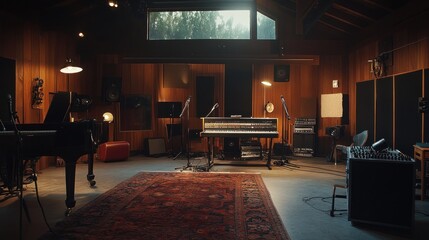 Sunlit recording studio with piano, microphones, and mixing console.