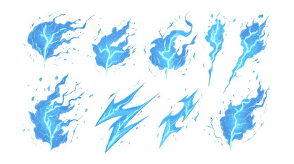 Cartoon lightning animation. Animated frames of electric strike, magic electricity and thunderbolt effect vector illustration set. Game asset collection of blue glowing storm bolts isolated on white