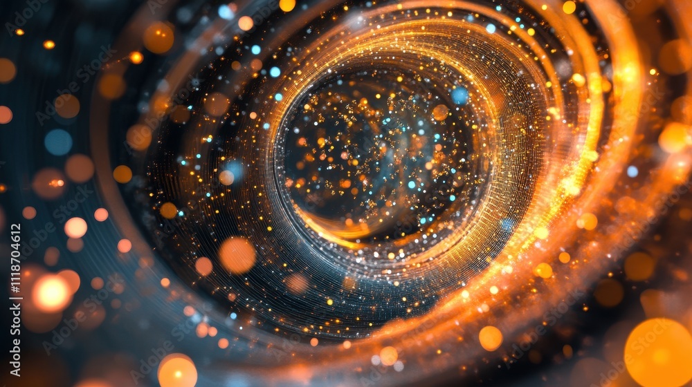 Poster abstract swirling vortex of light and particles, creating a dynamic and vibrant visual effect.